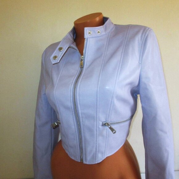 7 for All Mankind Cropped Faux Leather Jacket Medium Light Lilac Lavender Soft - Picture 2 of 11